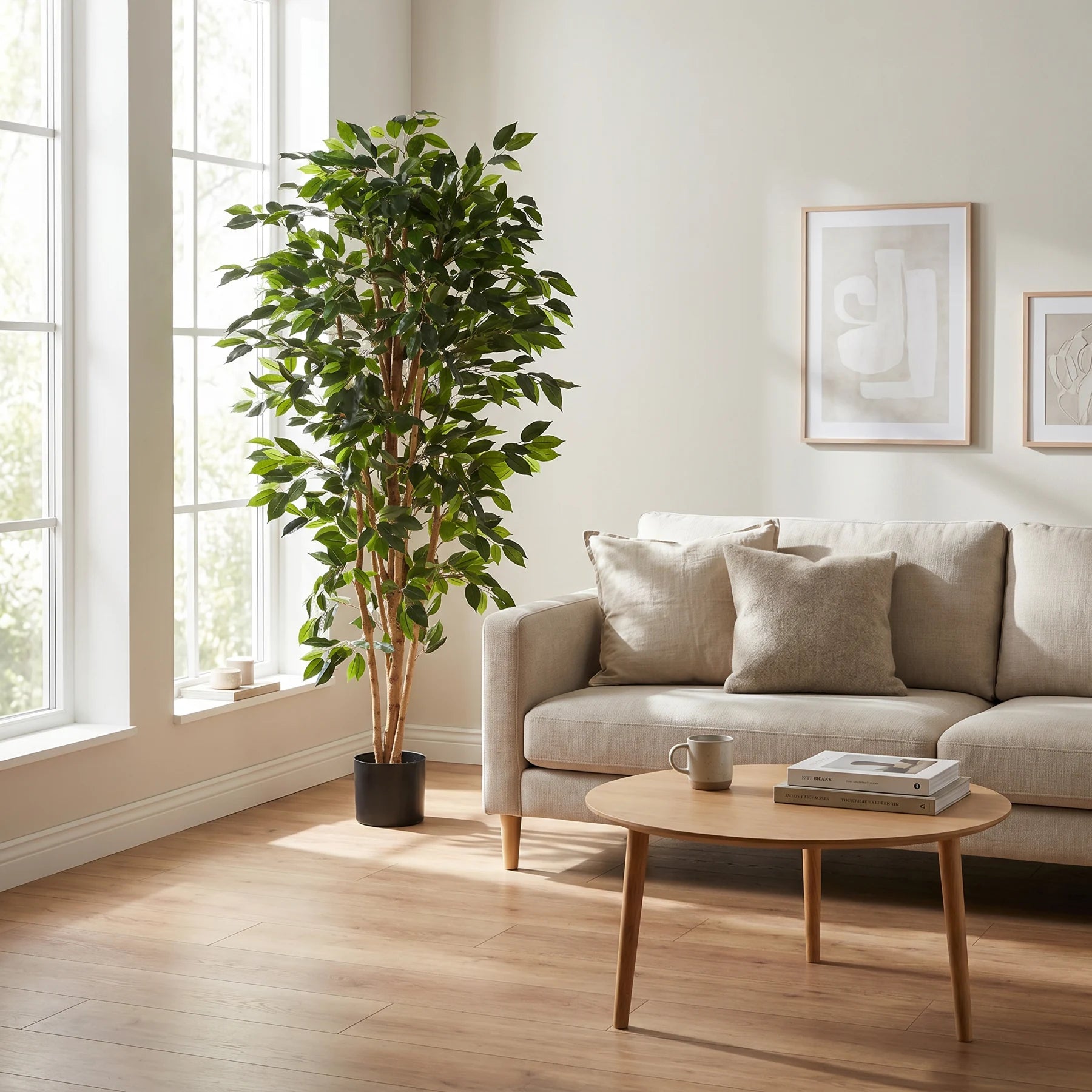 Künstlicher Ficusbaum - Sylvior, 180 cm, Kunstbaum von aplanta, UV-beständig, mit Echtholzstamm, inkl. Startertopf, in Grün