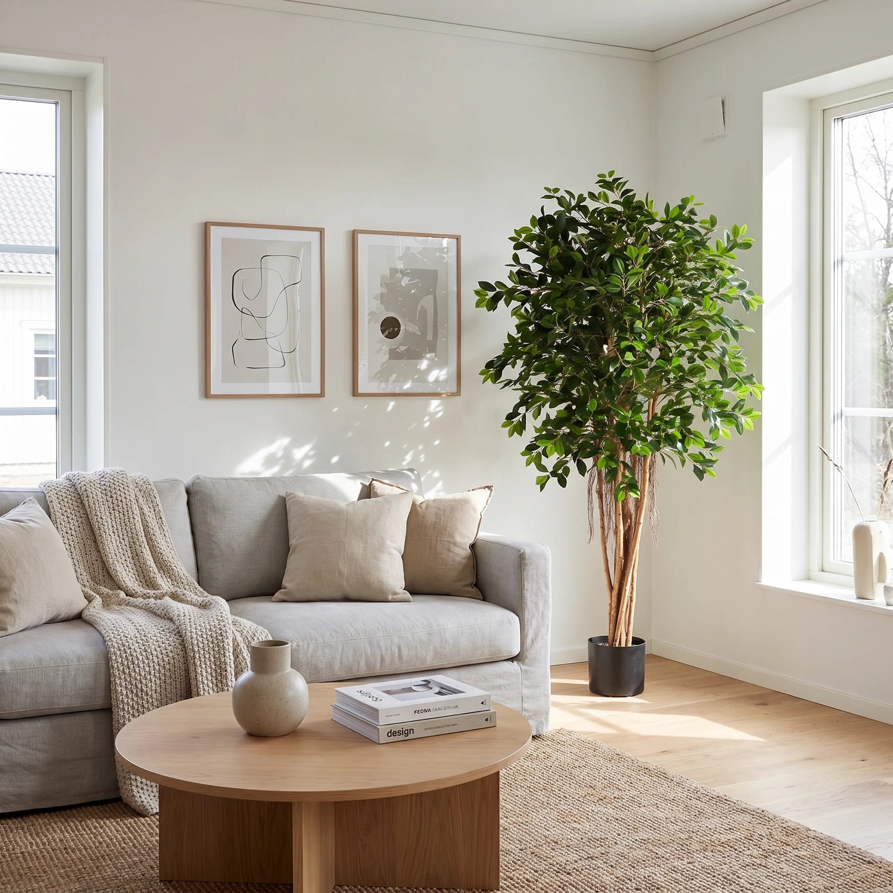 Künstlicher Ficus Retusa - Caelior, 180 cm, Kunstbaum von aplanta, mit Echtholzstamm, inkl. Startertopf, in Grün, für drinnen