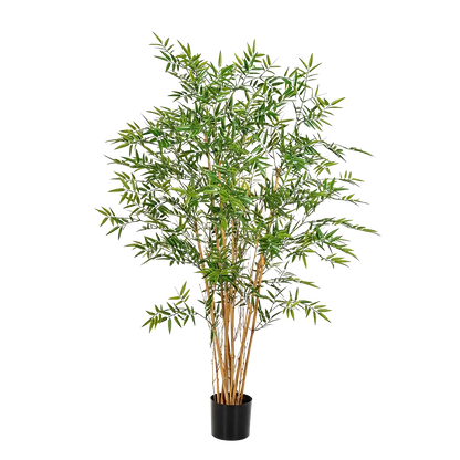 Künstlicher Bambus - Mina, 150 cm, Kunstbaum von aplanta, UV-beständig, mit Echtholzstamm, im schwarzen Topf, in Natur