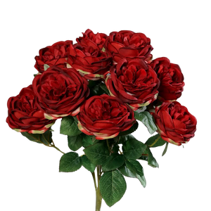 Hochwertige Hortensie künstlich auf transparentem Hintergrund mit echt wirkenden Kunstblättern in natürlicher Anordnung. Rosenstrauß mit 10 Blütenköpfen - Kassandra hat die Farbe rot und ist 45 cm hoch. | aplanta Kunstpflanzen