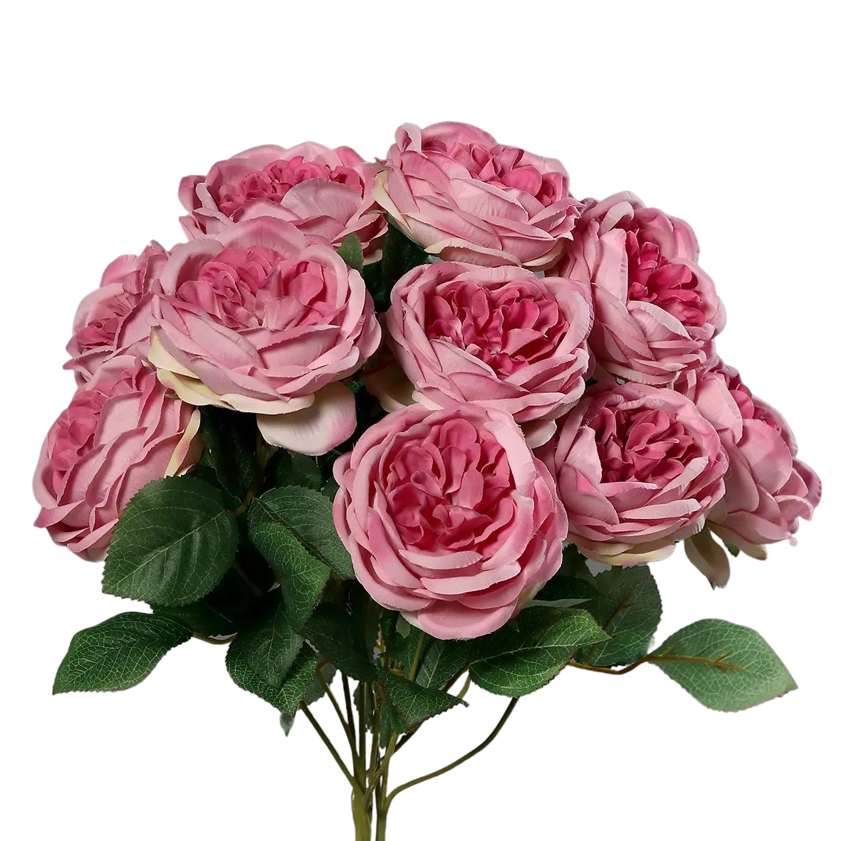 Hochwertige Hortensie künstlich auf transparentem Hintergrund mit echt wirkenden Kunstblättern in natürlicher Anordnung. Rosenstrauß mit 10 Blütenköpfen - Artemis hat die Farbe pink und ist 45 cm hoch. | aplanta Kunstpflanzen