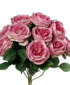 Hochwertige Hortensie künstlich auf transparentem Hintergrund mit echt wirkenden Kunstblättern in natürlicher Anordnung. Rosenstrauß mit 10 Blütenköpfen - Artemis hat die Farbe pink und ist 45 cm hoch. | aplanta Kunstpflanzen