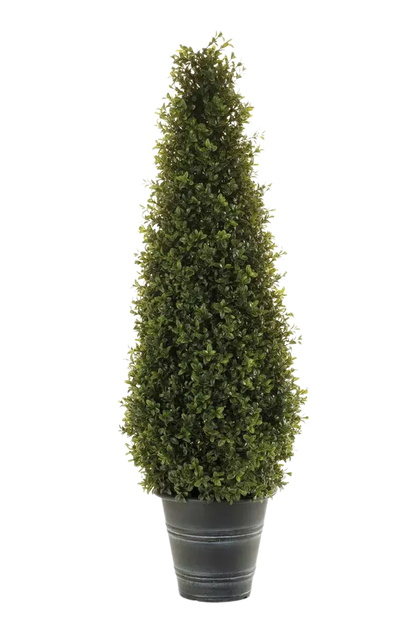 Künstliche Buchsbaumpyramide - Lucy auf transparentem Hintergrund mit echt wirkenden Kunstblättern. Diese Kunstpflanze gehört zur Gattung/Familie der "Buchsbäume" bzw. "Kunst-Buchsbäume".