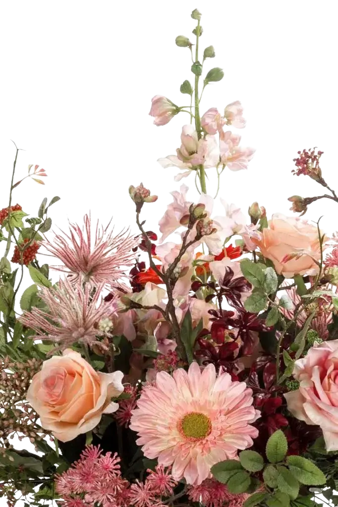Künstlicher Blumenstrauß - Mystic auf transparentem Hintergrund, als Ausschnitt fotografiert, damit die Details der Kunstpflanze bzw. des Kunstbaums noch deutlicher zu erkennen sind.