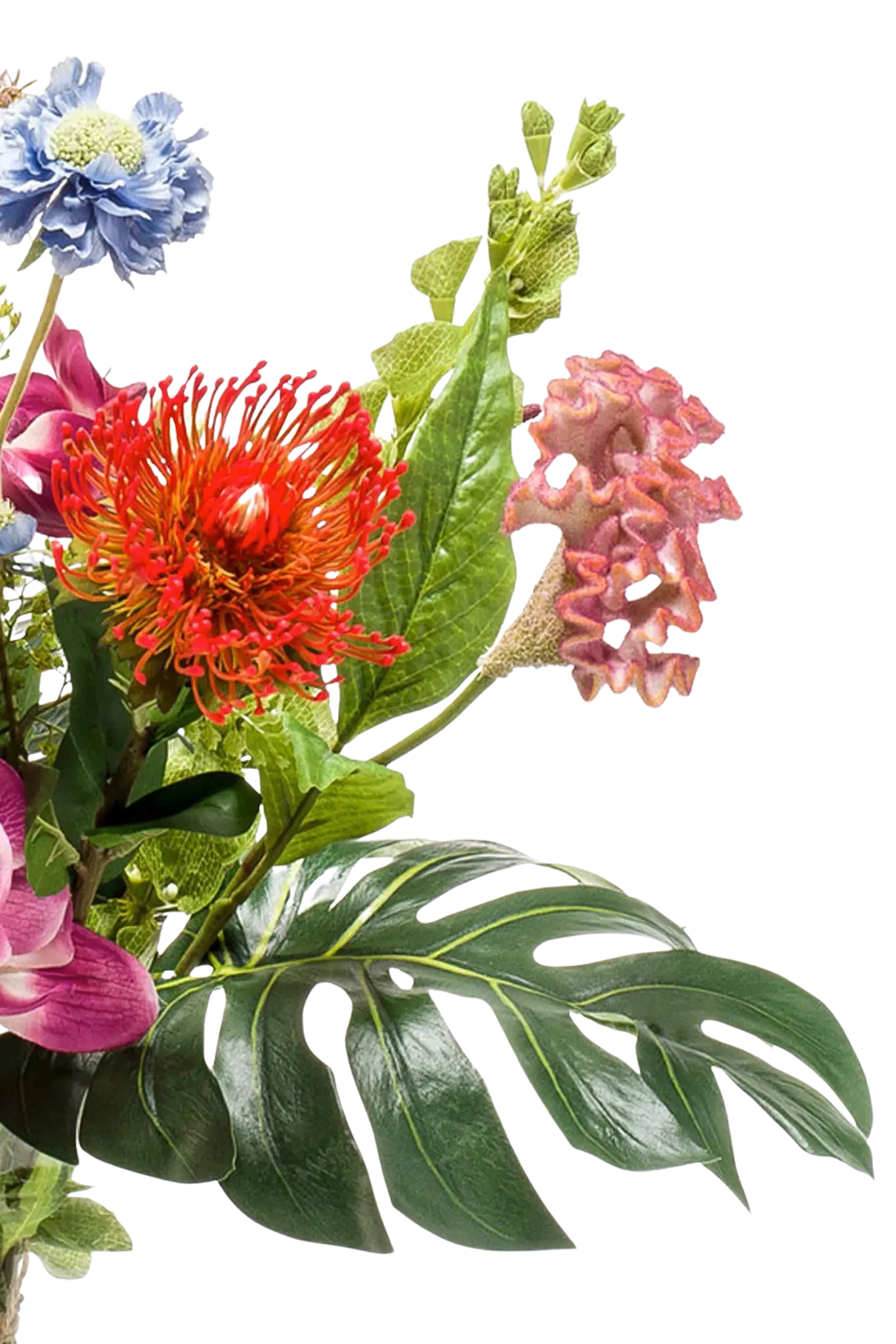 Künstlicher Blumenstrauß - Sahra auf transparentem Hintergrund, als Ausschnitt fotografiert, damit die Details der Kunstpflanze bzw. des Kunstbaums noch deutlicher zu erkennen sind.