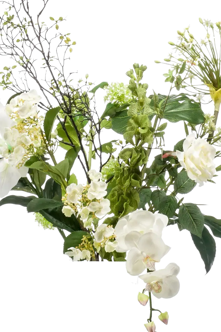 Künstlicher Blumenstrauß - Edda auf transparentem Hintergrund, als Ausschnitt fotografiert, damit die Details der Kunstpflanze bzw. des Kunstbaums noch deutlicher zu erkennen sind.