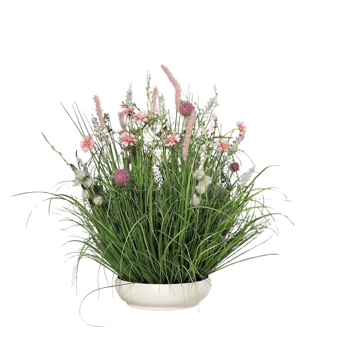 Hochwertiges Kunstgras auf transparentem Hintergrund mit echt wirkenden Kunstblättern in natürlicher Anordnung. Künstliche Wiesenblumen - Jade hat die Farbe Pink und ist 40 cm hoch. | aplanta Kunstpflanzen