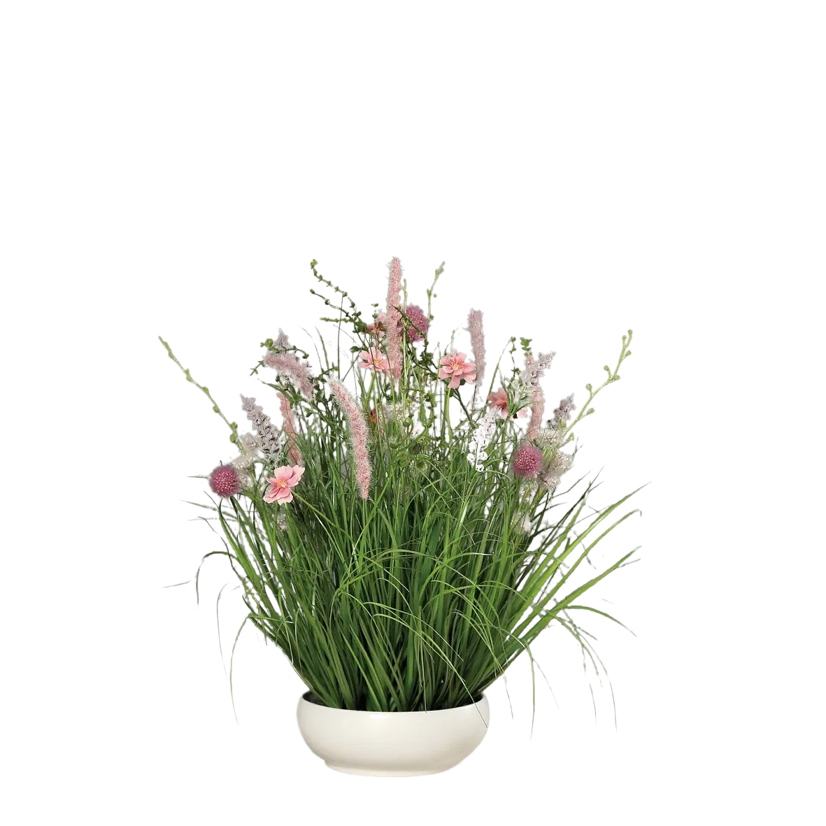 Hochwertiges Kunstgras auf transparentem Hintergrund mit echt wirkenden Kunstblättern in natürlicher Anordnung. Künstliche Wiesenblumen - Jade hat die Farbe Pink und ist 50 cm hoch. | aplanta Kunstpflanzen